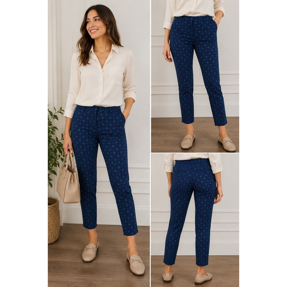 Dalia Pants Navy‎ Blue Green Geometric Floral Print Slim Ankle Trousers Size 6